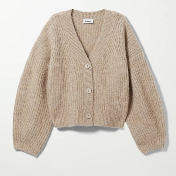 Weekday Sweaters - Weekday Hilevi Willow Tan Women's Sweater Cardigan S Balloon Sleeve Oversized